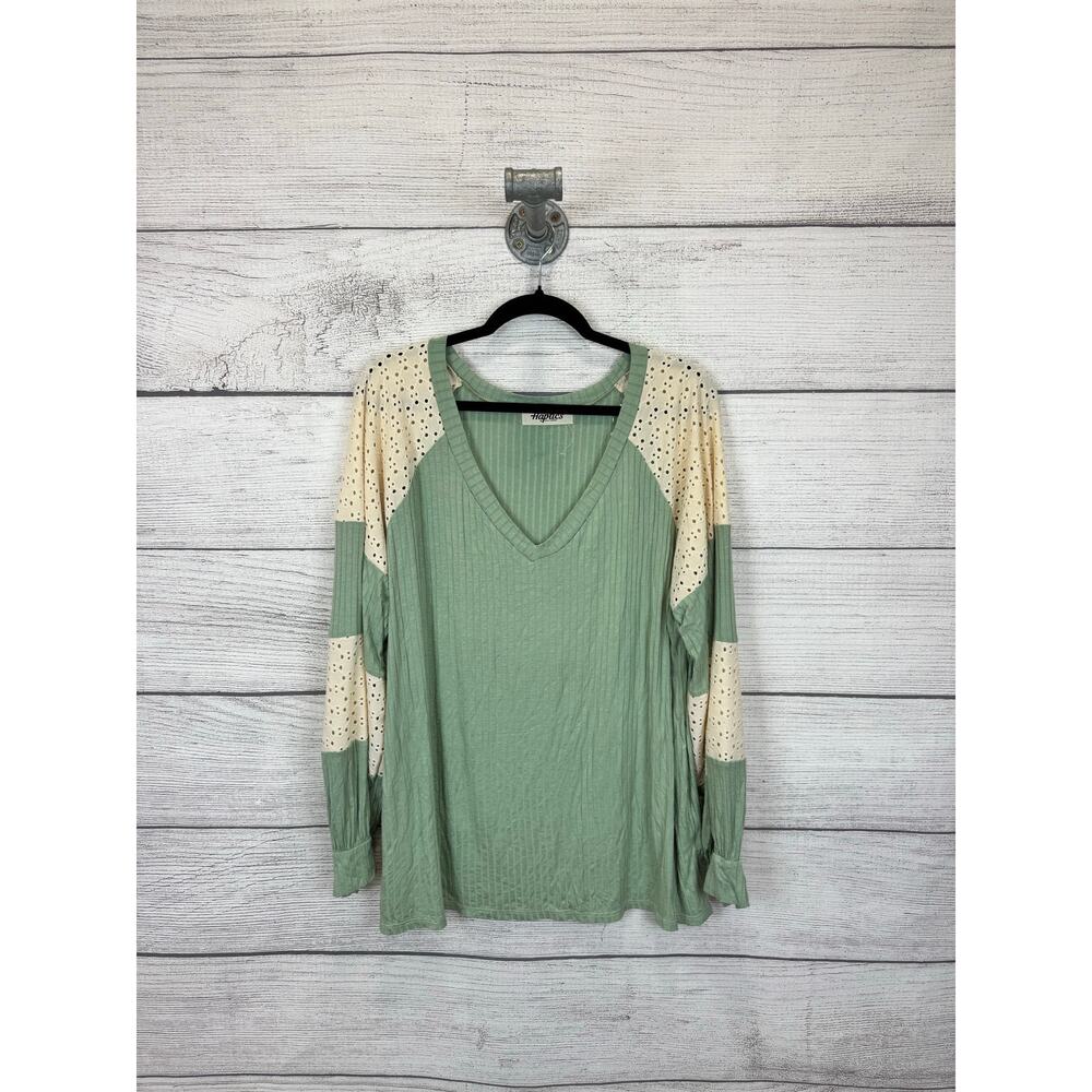 Haptics Plus Size Green Ribbed Eyelet Sleeve Spring Long Sleeve Top Size 2X